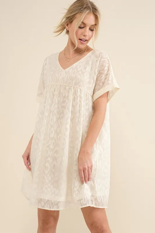 Woven Leopard Baby Doll Roll-Sleeve Casual White Dress - Tigbul's Variety Fashion Shop