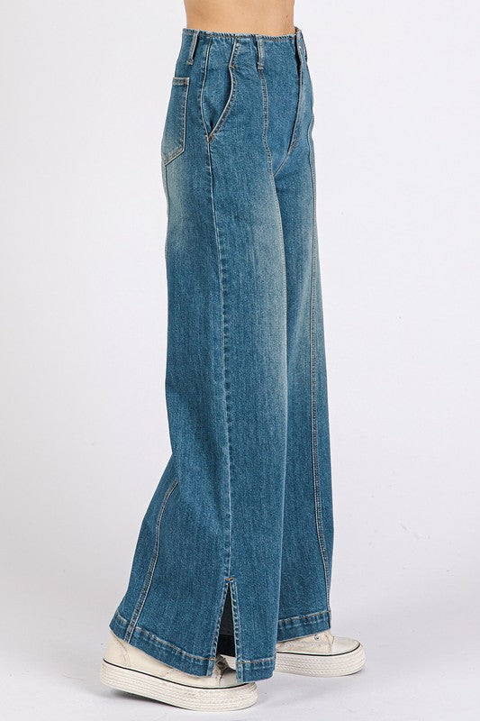 Blue Medium Wash Seam Detail Wide Leg Denim Jeans - Tigbul's Variety Fashion Shop