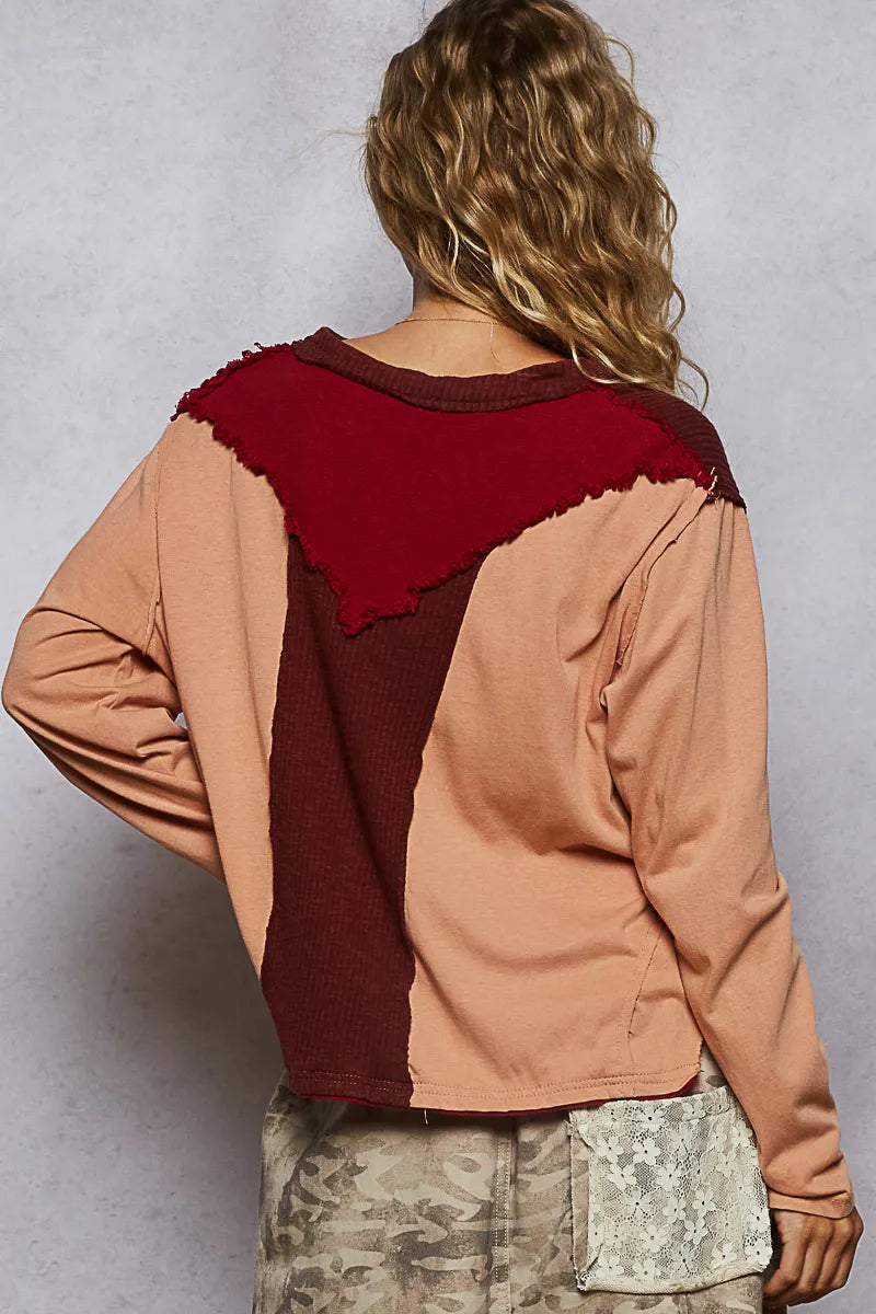 POL Color Block Notched Long Sleeve T-Shirt - Tigbul's Variety Fashion Shop