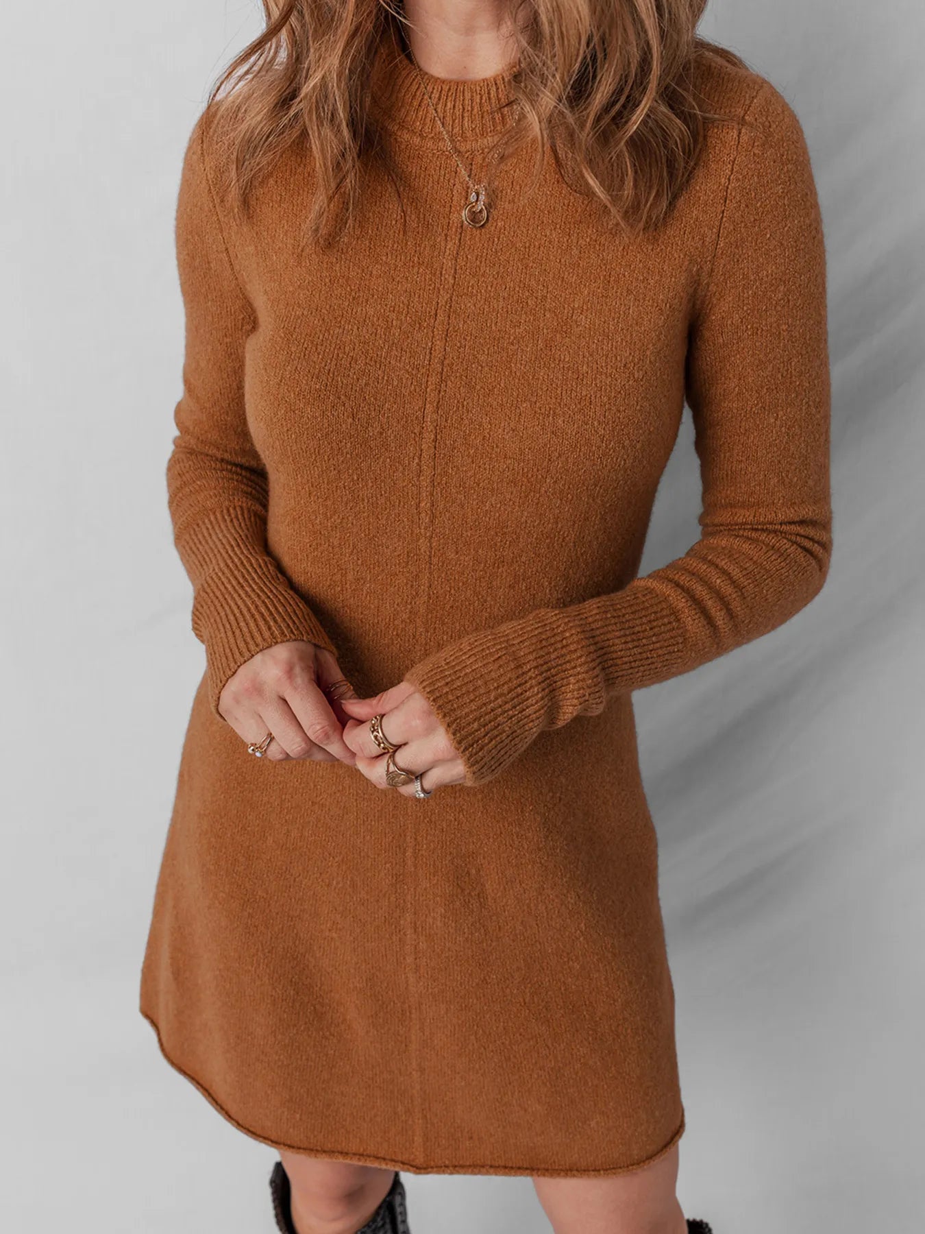Ribbed Detail Solid Color Mini Sweater Dress - Tigbul's Variety Fashion Shop