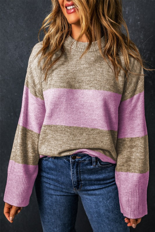 Renata Stripe Crew Neck Wide Sleeve Colorblock Swe - Tigbul's Variety Fashion Shop