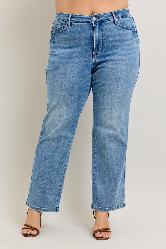 Judy Blue Full Size Tummy Control Vintage Wash Straight Jeans Plus Size - Tigbul's Variety Fashion Shop