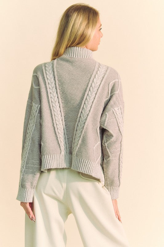 Gray Cable-Knit Turtleneck Dropped Shoulder Sweater - Tigbul's Variety Fashion Shop