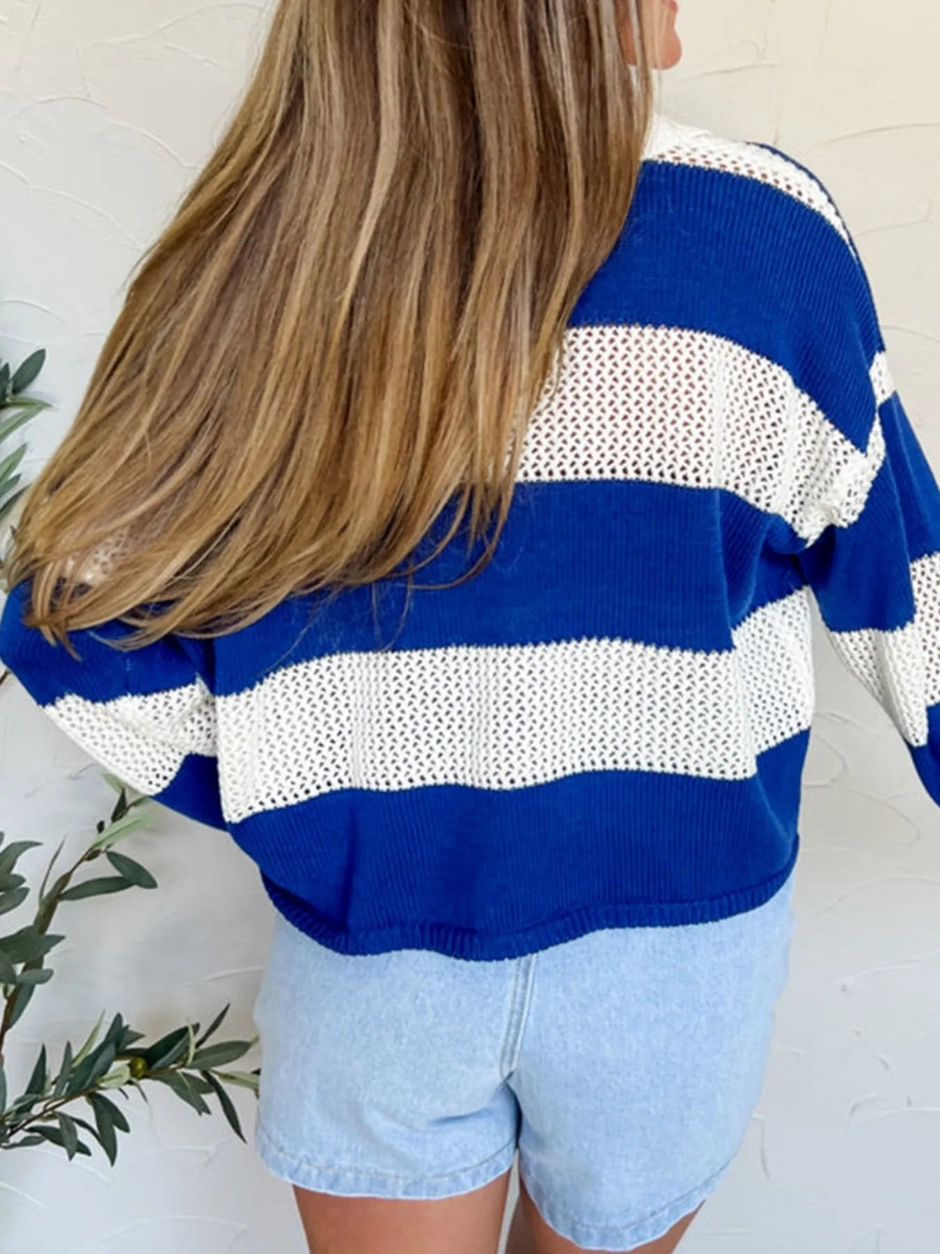 Stripe Colorblock Polo Collar Crochet Knitted Cover Up - Tigbul's Variety Fashion Shop