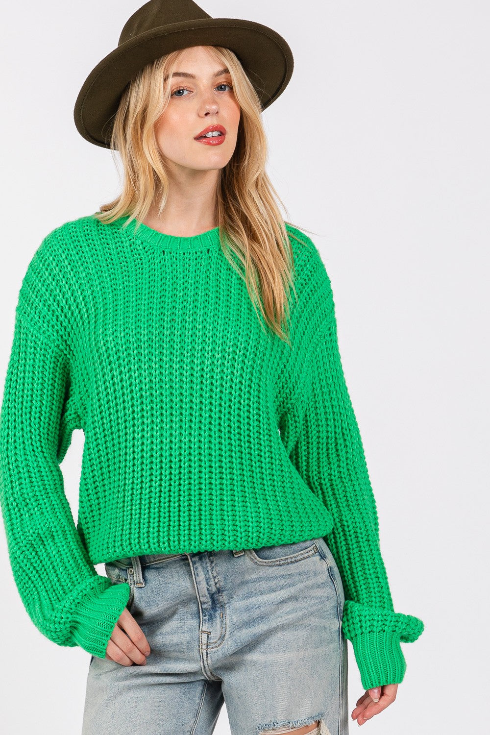 Green Round Neck Drop Shoulder Sweater - Tigbul's Variety Fashion Shop