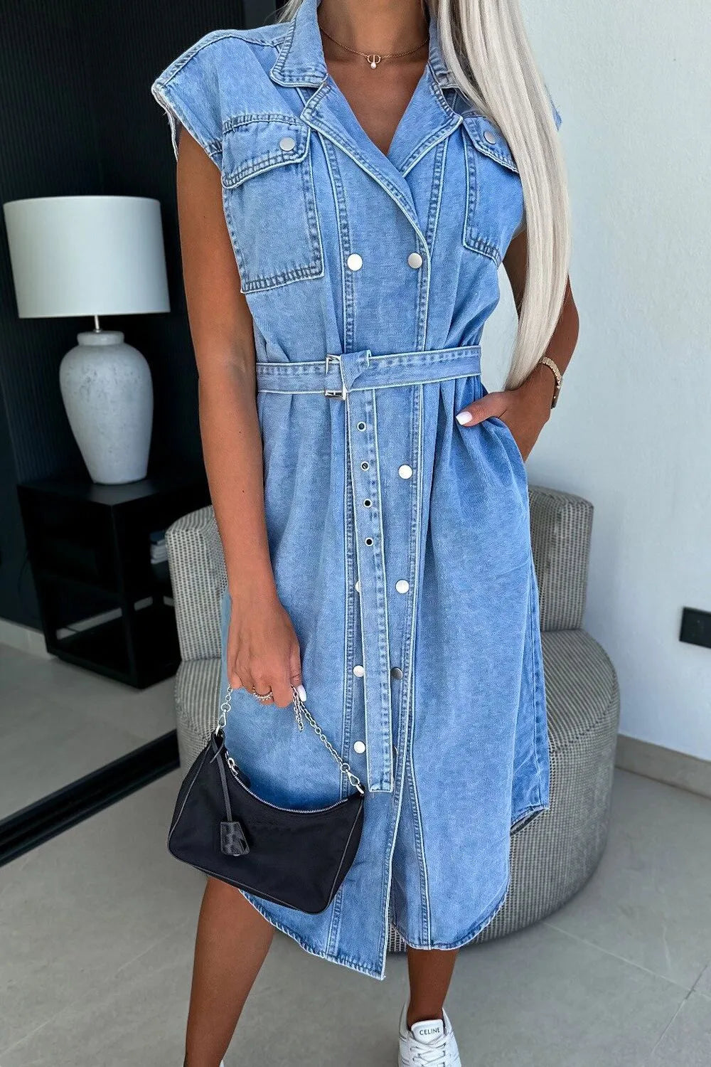 Button Front Denim Dress with Pockets - Tigbul's Variety Fashion Shop