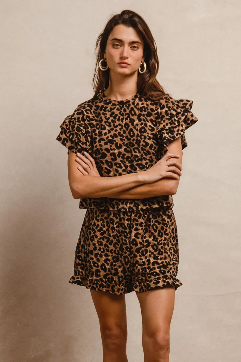 BiBi Leopard Print Waffle Texture Layered Ruffle Sleeve Top and Shorts Set - Tigbul's Variety Fashion Shop