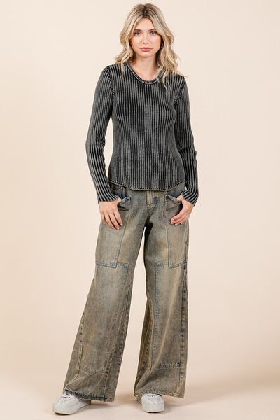 Denim Washed Wide Leg Jeans with Pockets - Tigbul's Variety Fashion Shop