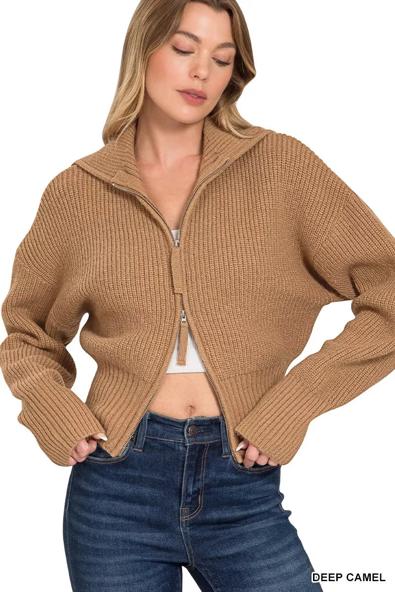 Zenana Ribbed Collared Zip Up Sweater Cardigan - Tigbul's Variety Fashion Shop