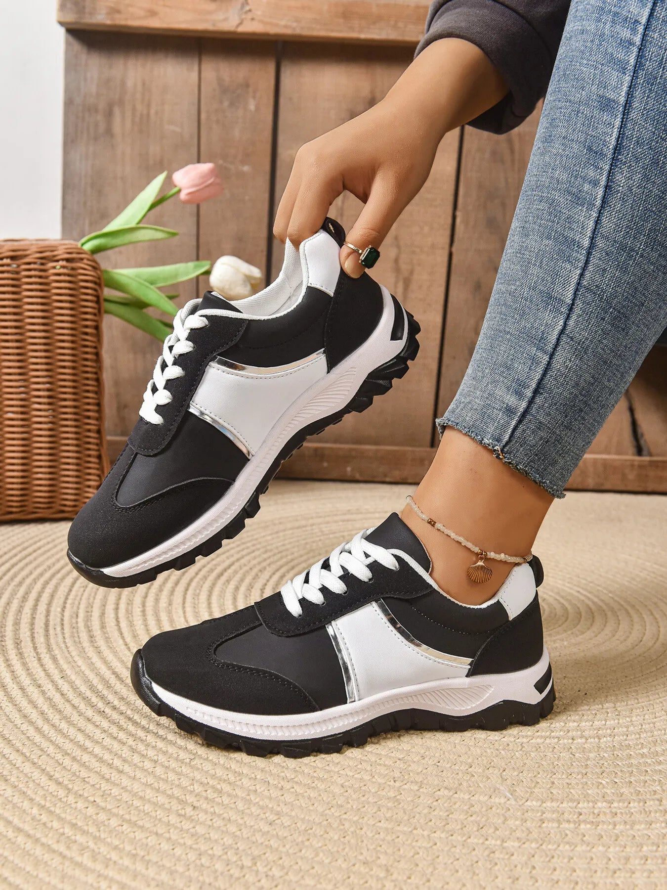 Contrast Lace Up Sneakers - Tigbul's Variety Fashion Shop