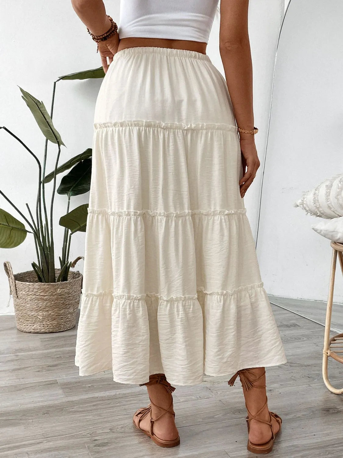 Drawstring Frill Tiered Cream Color Skirt - Tigbul's Variety Fashion Shop
