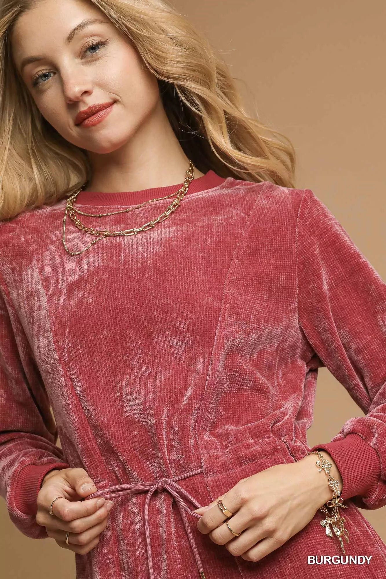 Burgundy Velour Drawstring Mini Dress with Long Sleeves - Tigbul's Variety Fashion Shop