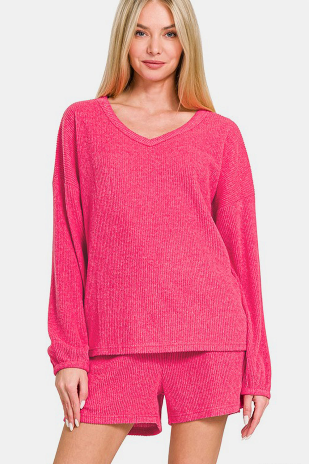 Pink V-Neck Long Sleeve Ribbed Top and Shorts Set - Tigbul's Variety Fashion Shop