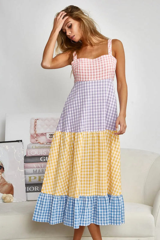 Color Block Tiered Gingham Dress - Tigbul's Variety Fashion Shop