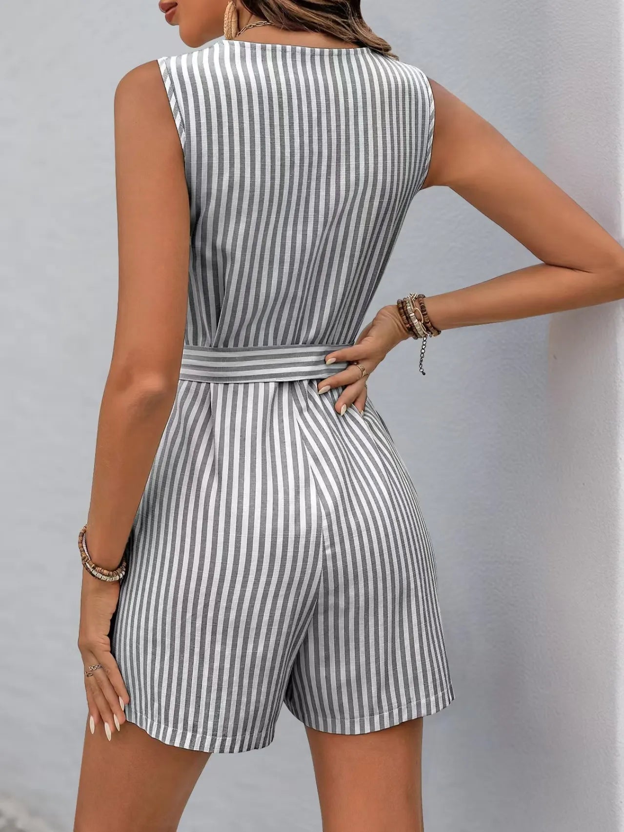 Striped V-neck Button Front Belted Romper - Tigbul's Variety Fashion Shop