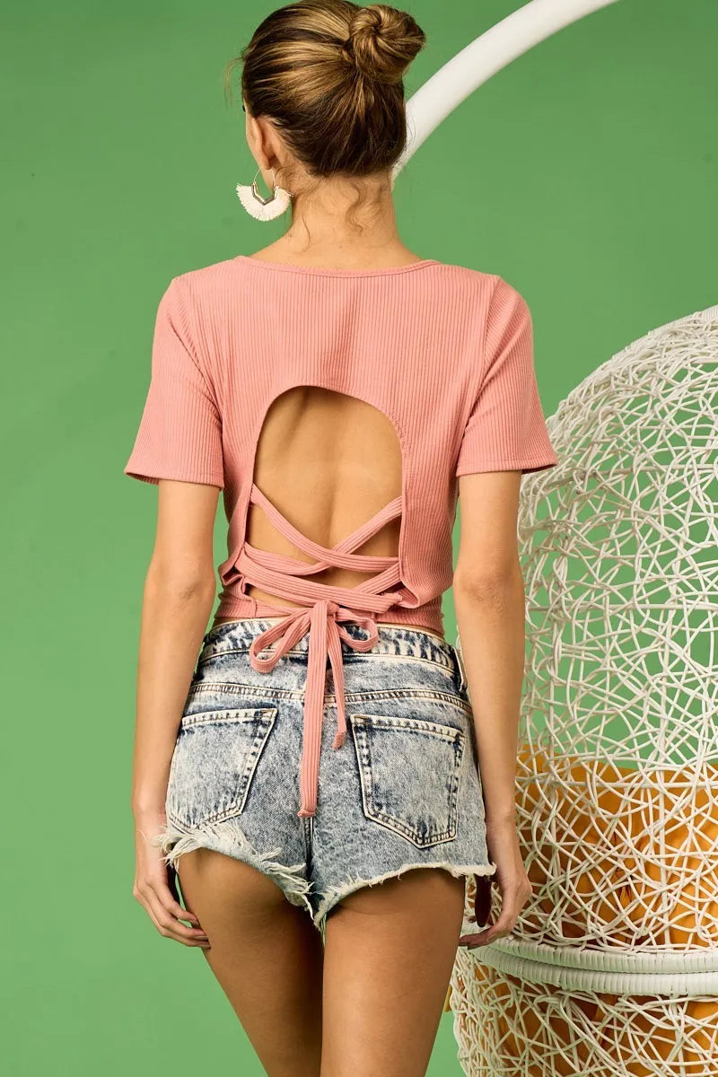 Rib Knit with Back Cross and Tied Detailed Top - Tigbul's Variety Fashion Shop