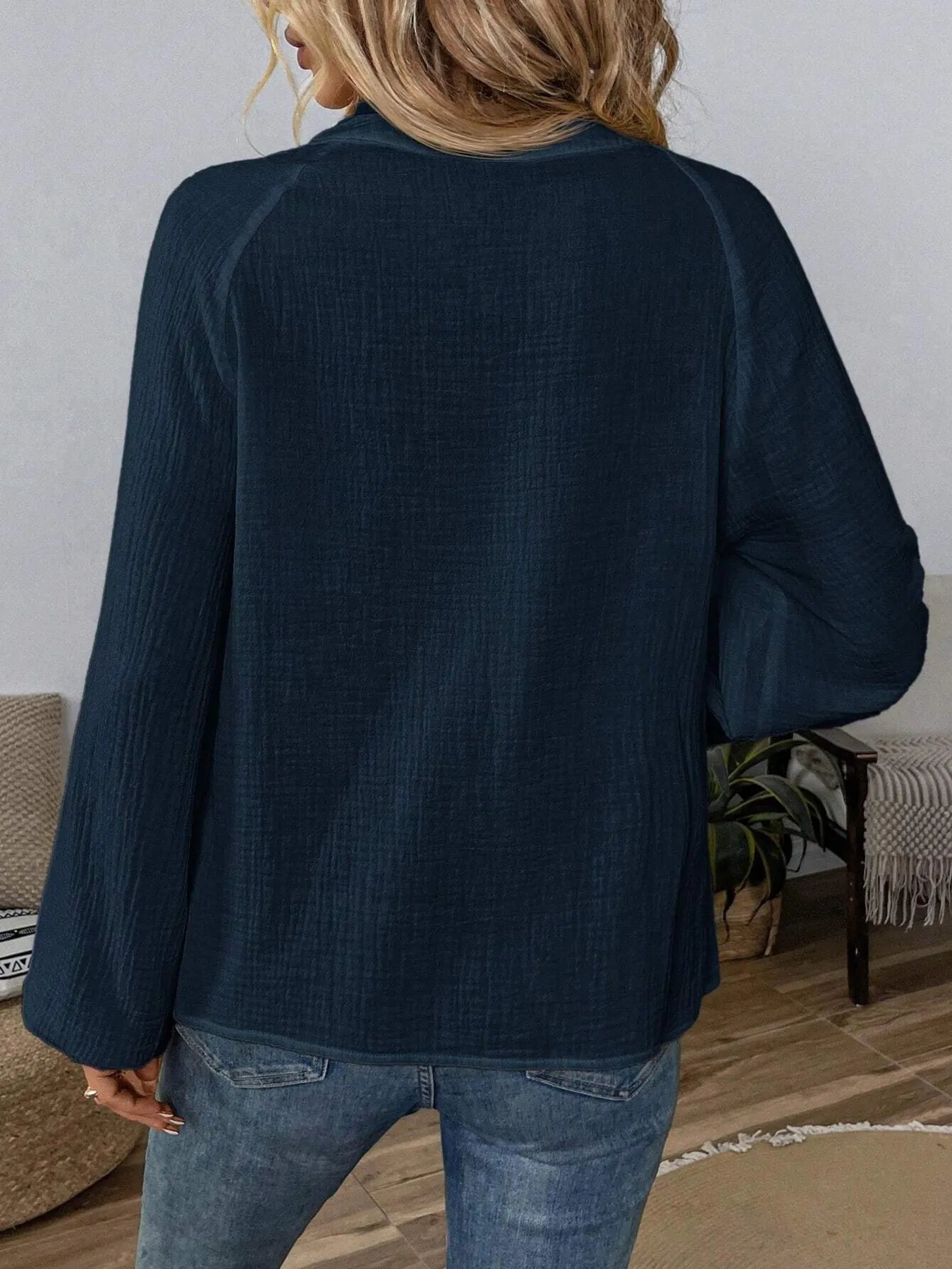 Paisley Pattern Notched Long Sleeve Blouse - Tigbul's Variety Fashion Shop