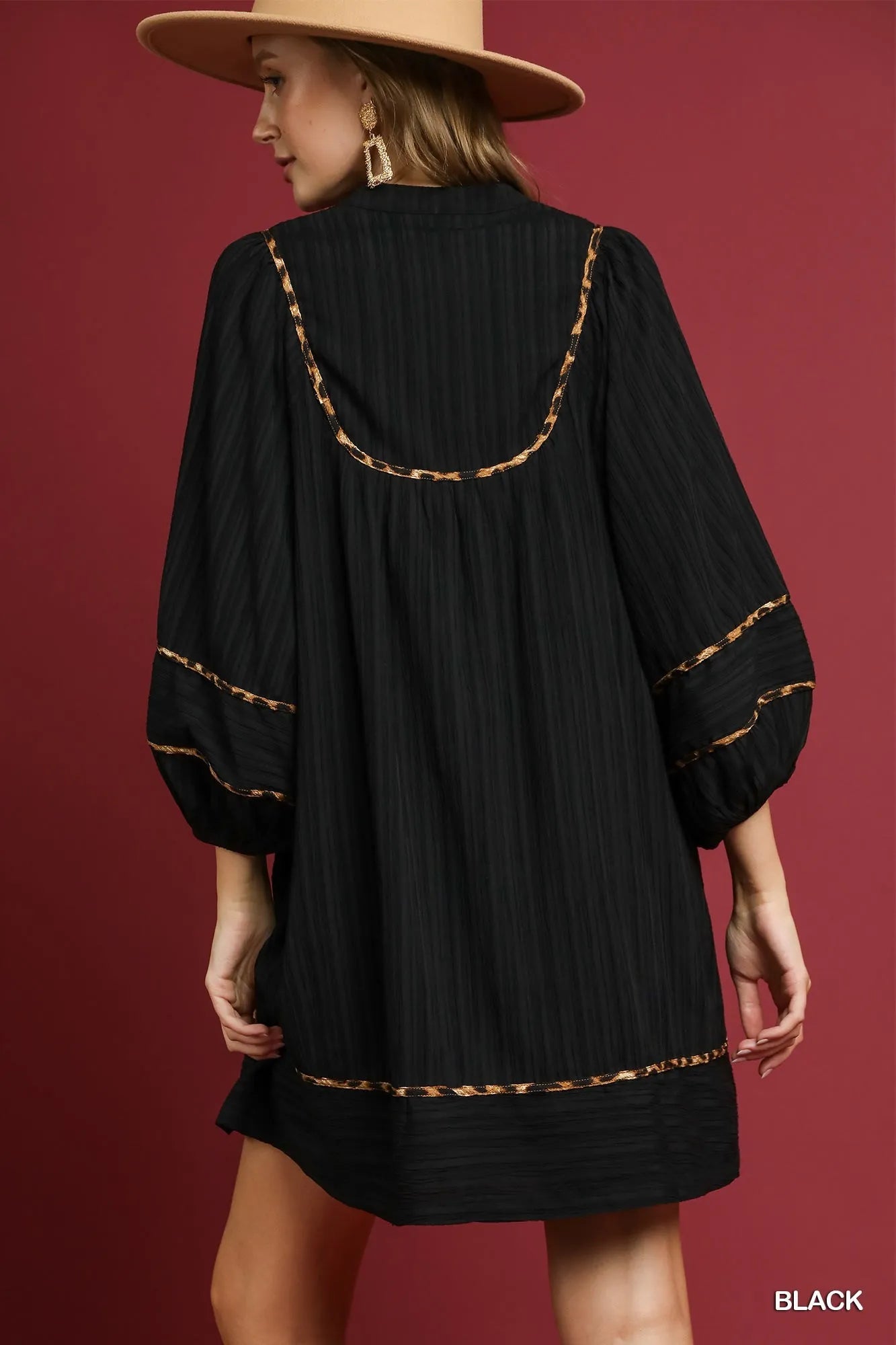 Umgee Full Size Textured Babydoll Dress with Leopard Trim Plus Size - Tigbul's Variety Fashion Shop