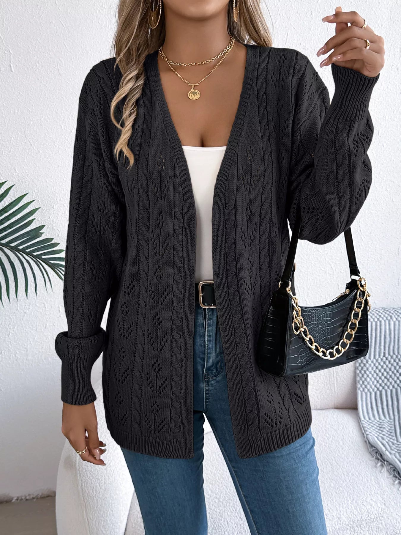 Openwork Open Front Long Sleeve Cardigan - Tigbul's Variety Fashion Shop