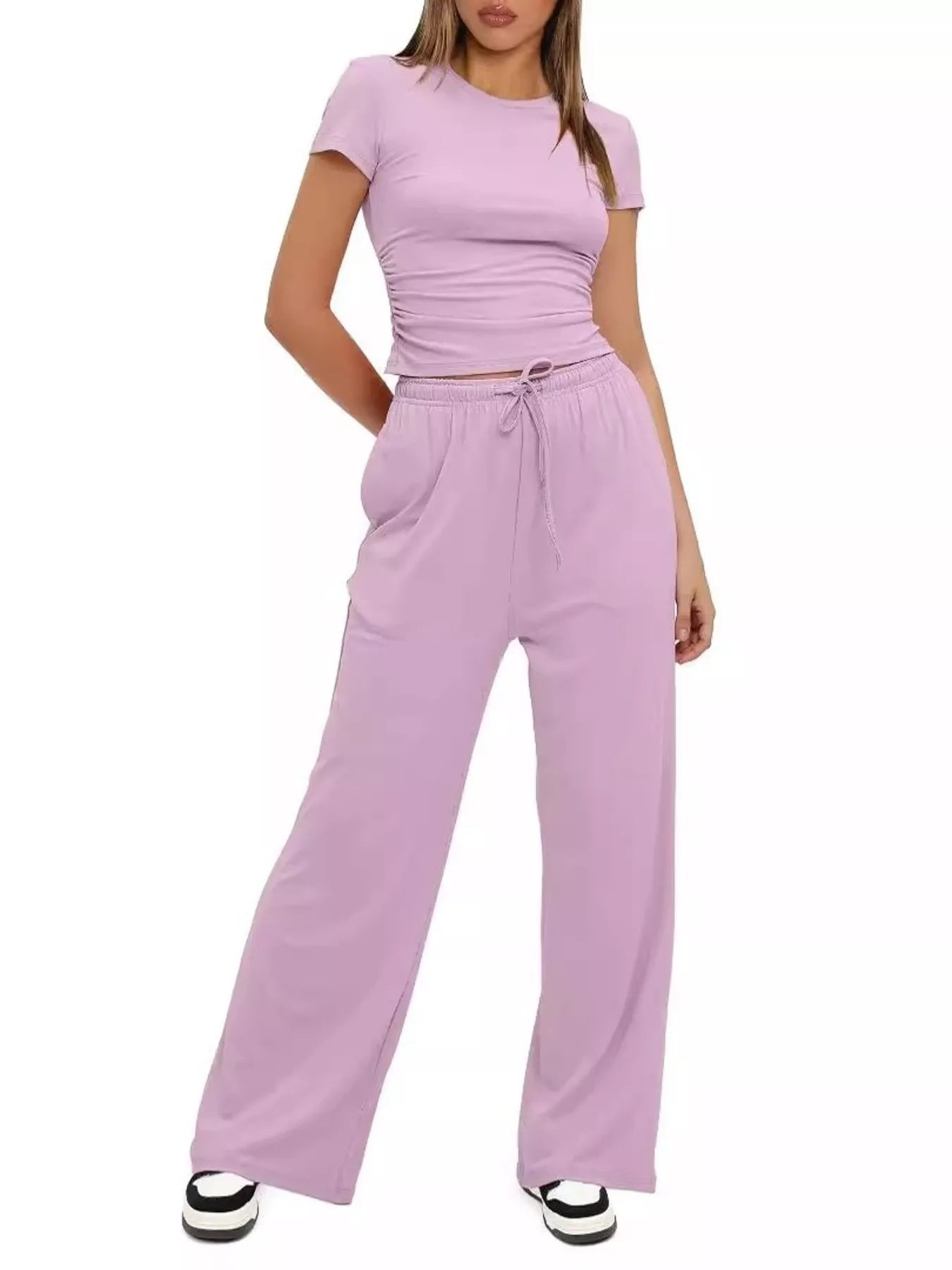 Round Neck Short Sleeve T-Shirt and Pants Set - Tigbul's Variety Fashion Shop