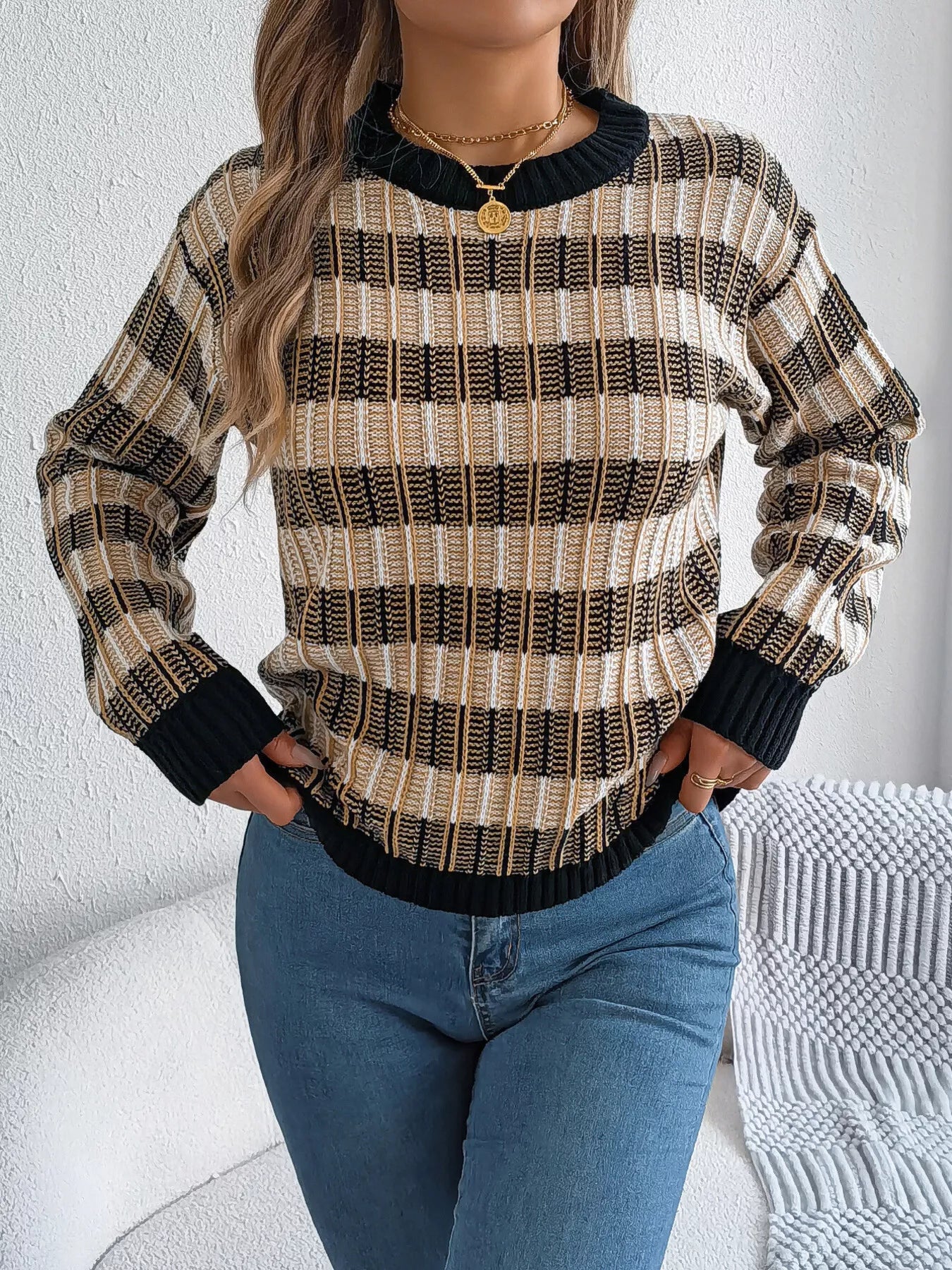 Striped Round Neck Long Sleeve Sweater - Tigbul's Variety Fashion Shop