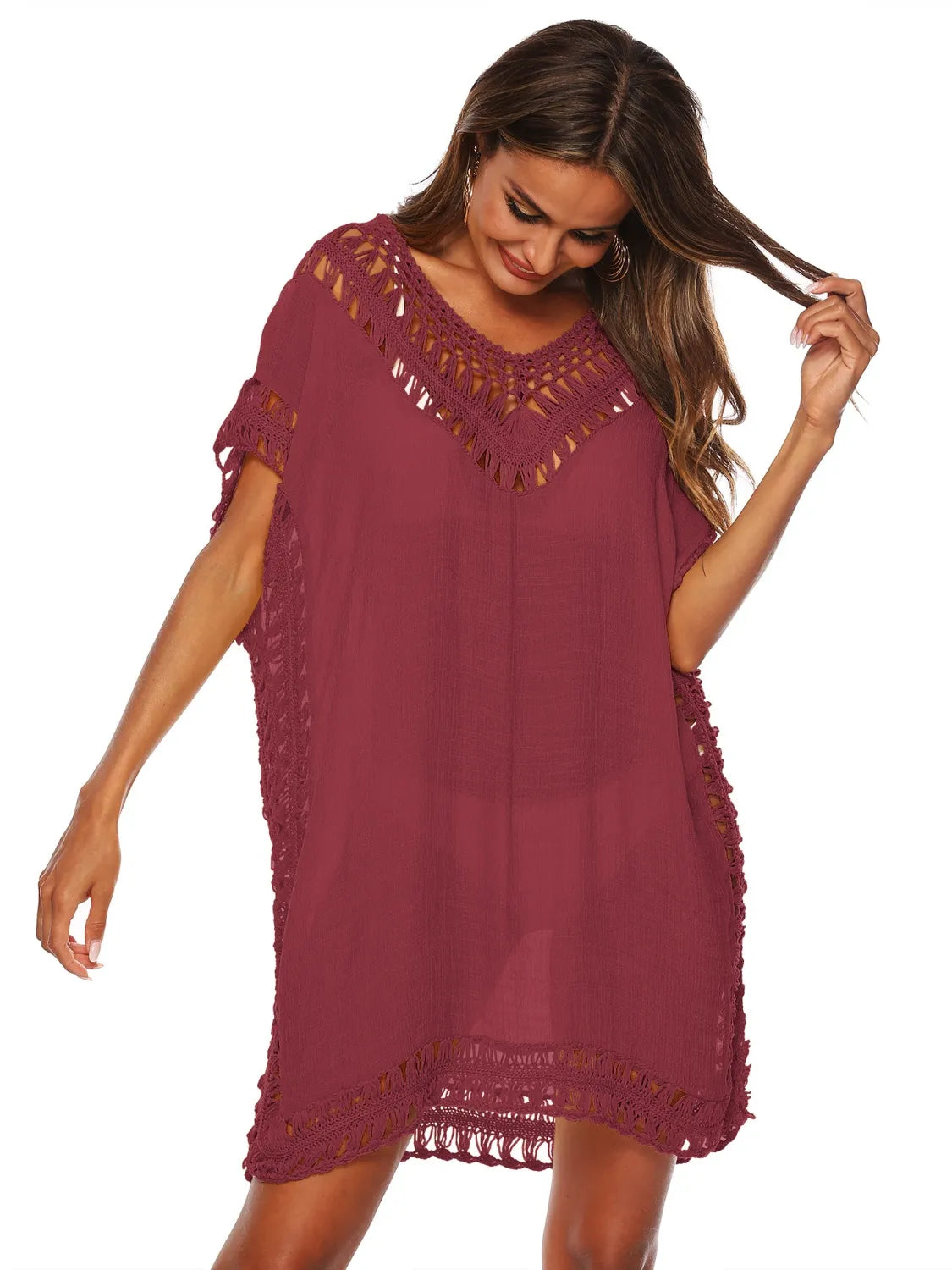 Bohemian Crochet Trim Beach Cover Up Dress - Tigbul's Variety Fashion Shop