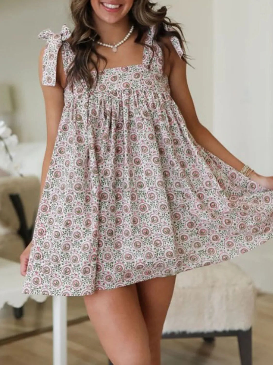 Printed Square Neck Tie Shoulder Mini Dress - Tigbul's Variety Fashion Shop