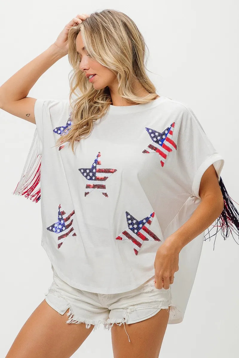 American Flag Sequin Star Fringe Top - Tigbul's Variety Fashion Shop