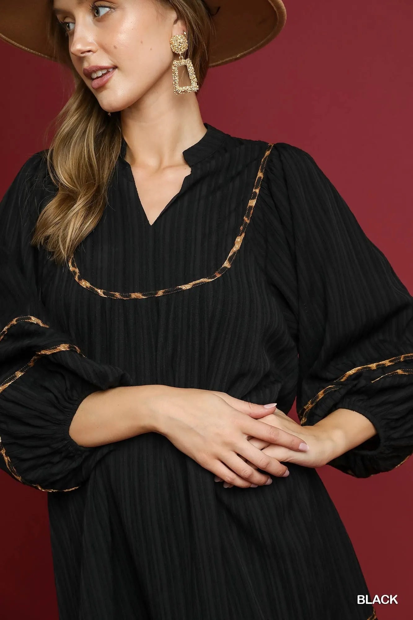 Umgee Full Size Textured Babydoll Dress with Leopard Trim Plus Size - Tigbul's Variety Fashion Shop