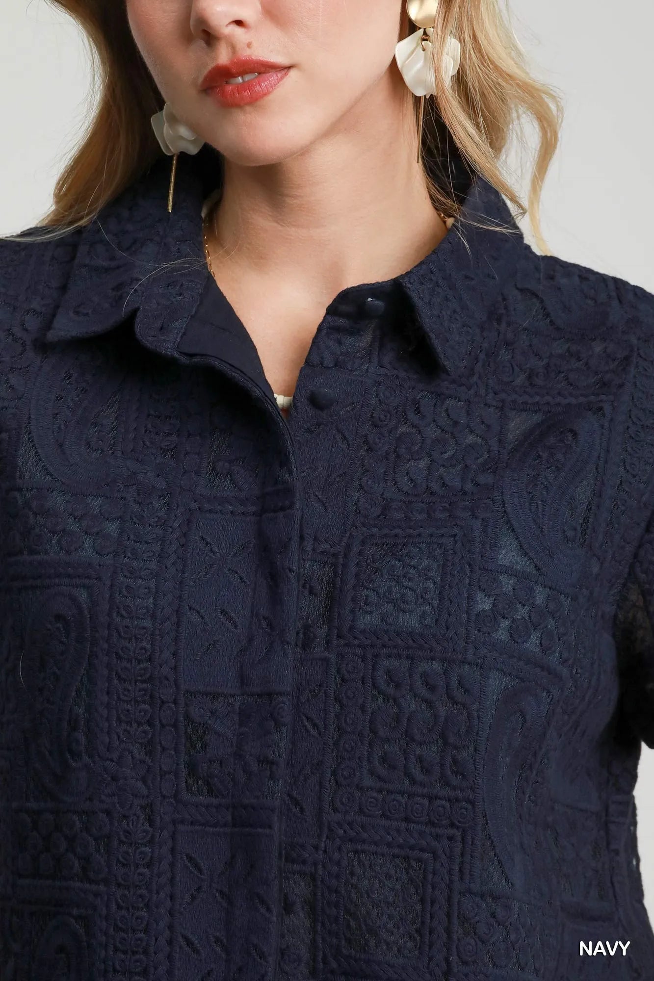 Umgee Patch Lace Short Sleeve Button Down Shirt - Tigbul's Variety Fashion Shop