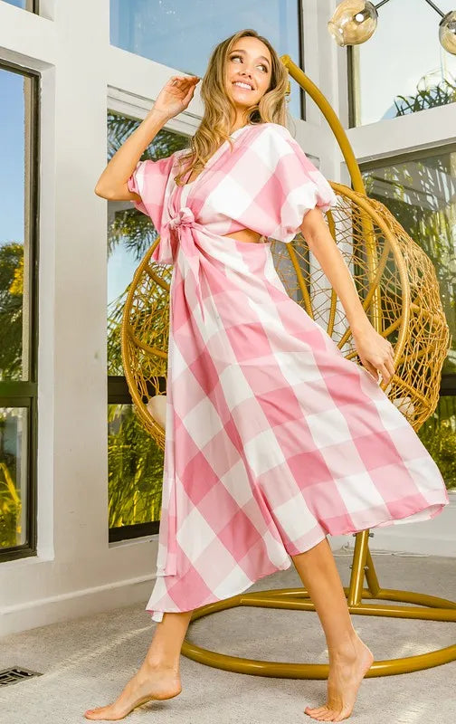 BiBi Front Tied Puff Sleeve Checkered Dress with Cut Out Detail - Tigbul's Variety Fashion Shop