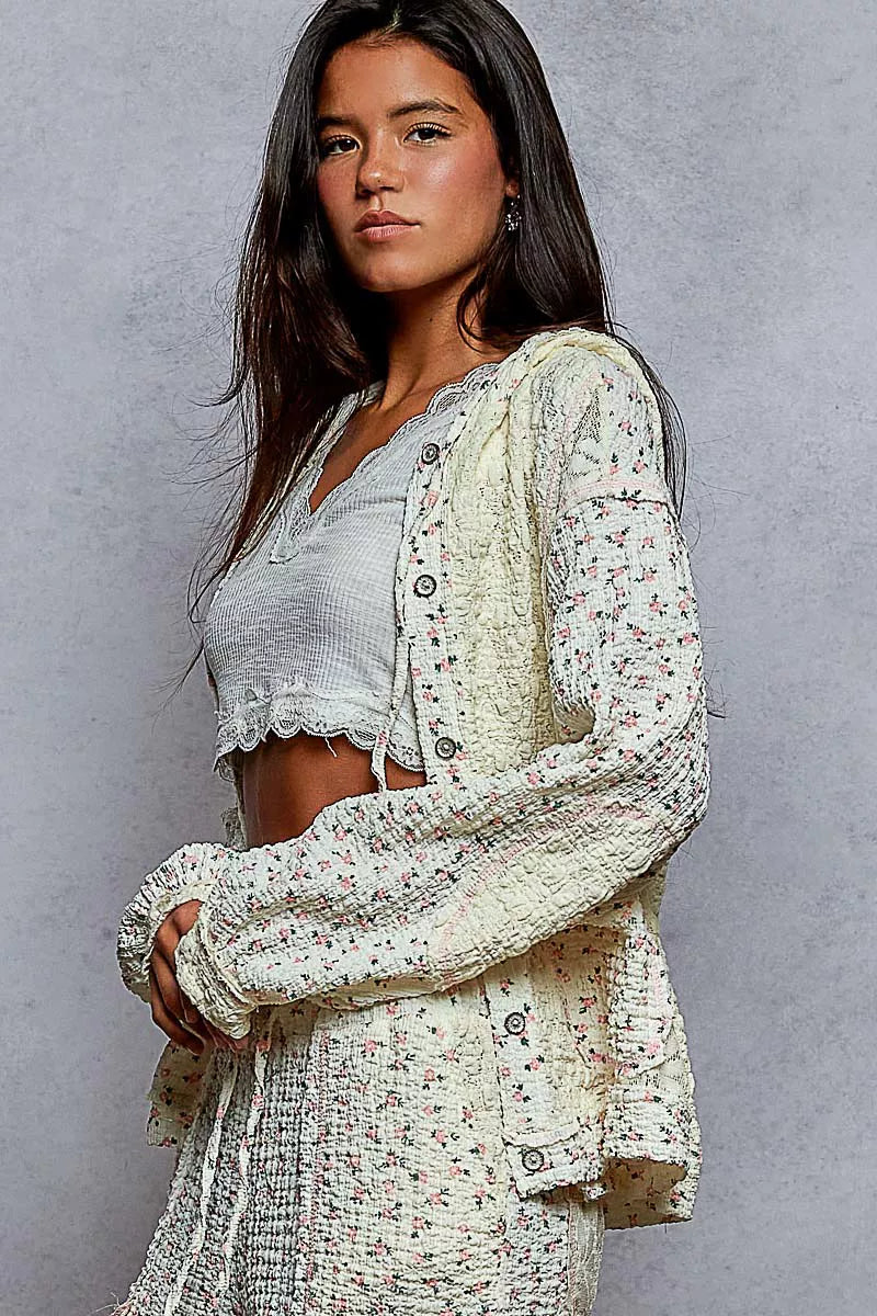 POL Floral Balloon Sleeve Hooded Lace Jacket with Stitch Detail - Tigbul's Variety Fashion Shop