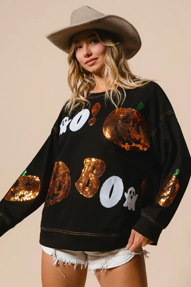 BiBi Halloween Theme Sequin Embroideries Sweatshirt - Tigbul's Variety Fashion Shop