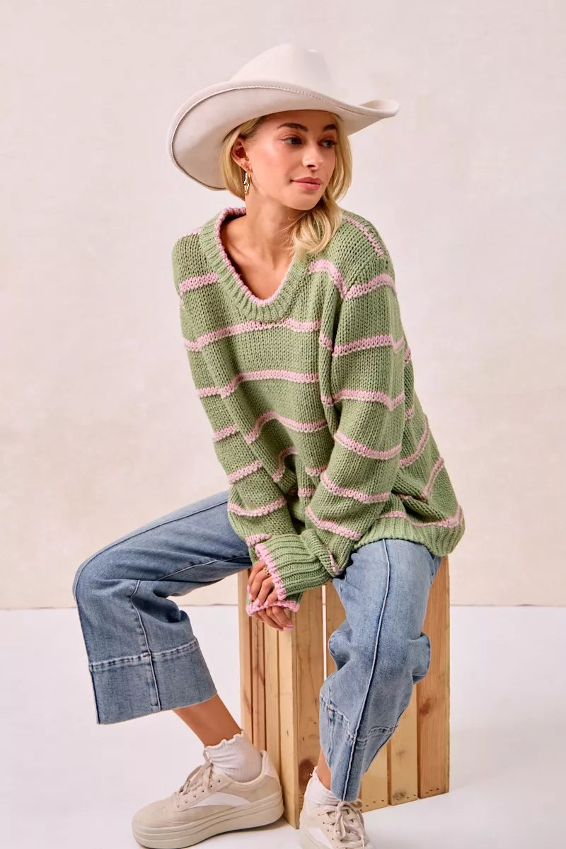 BiBi Striped Long Sleeve Sweater - Tigbul's Variety Fashion Shop