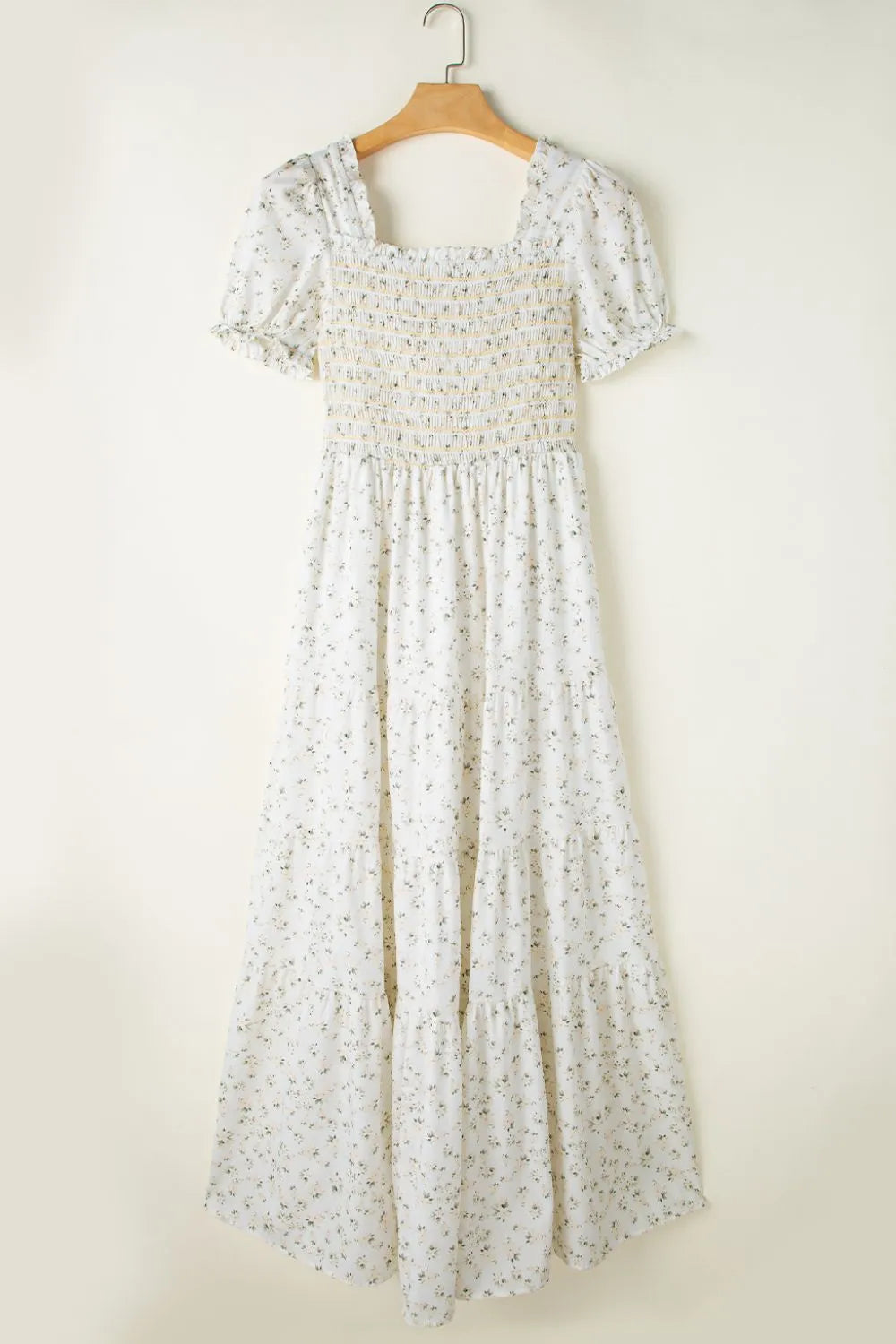 White Floral Smocked Short Puff Sleeve Maxi Dress - Tigbul's Variety Fashion Shop