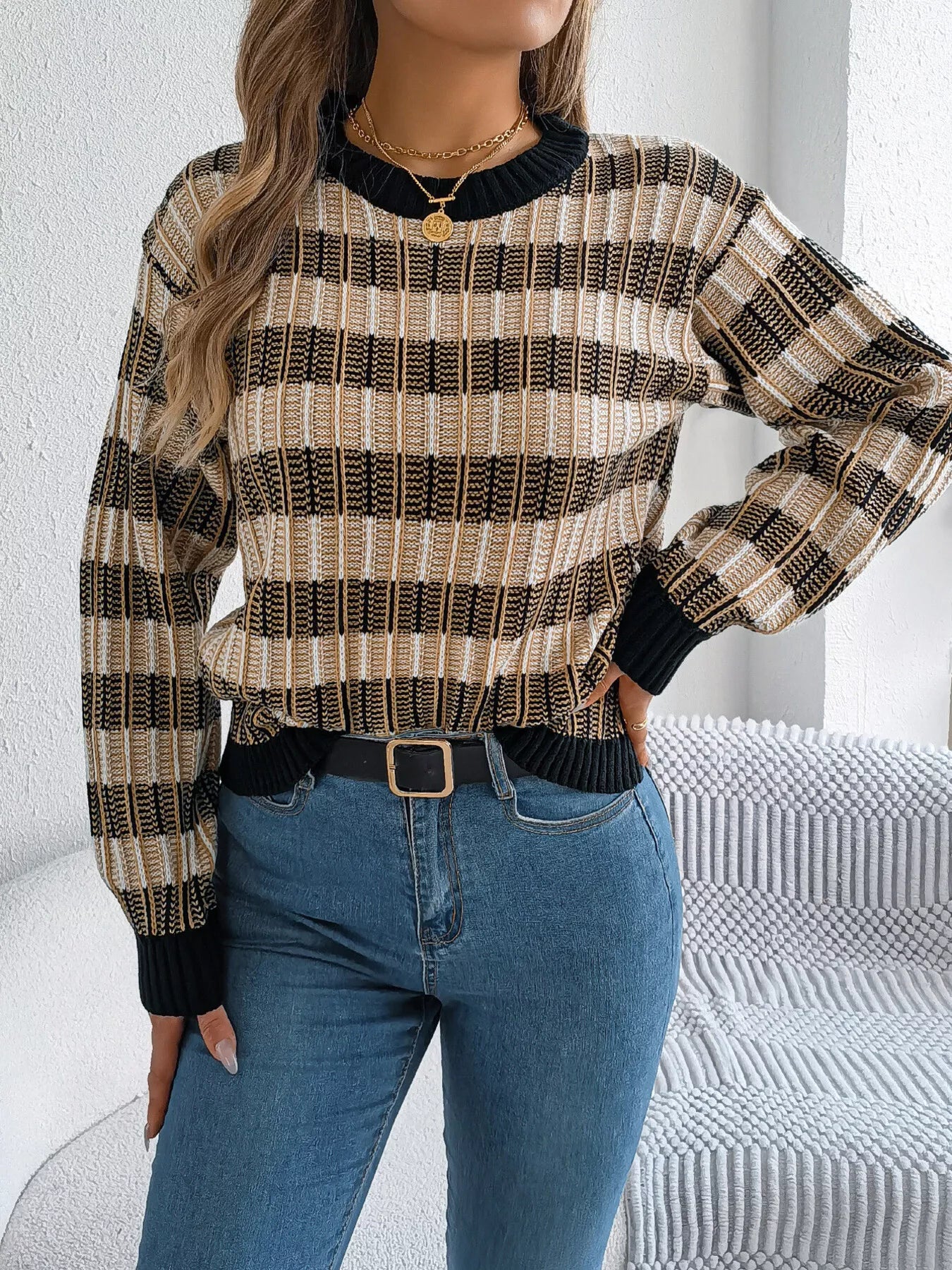 Striped Round Neck Long Sleeve Sweater - Tigbul's Variety Fashion Shop