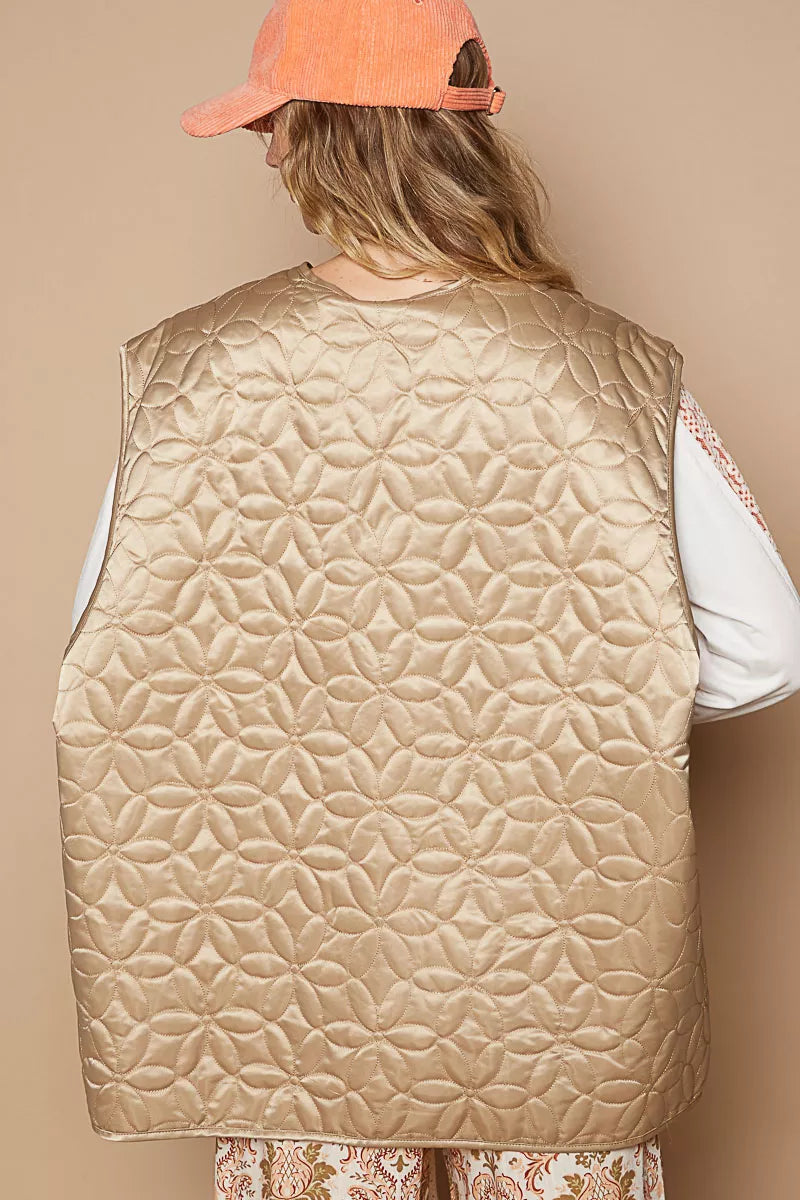POL Front Zipper Floral Pattern Quilted Vest Coat with Front Pockets - Tigbul's Variety Fashion Shop