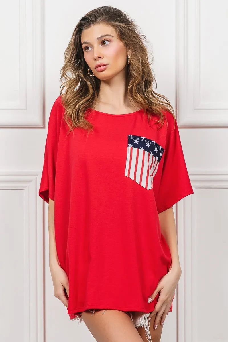 Red French Terry With Front Pocket Dolman Sleeves Top - Tigbul's Variety Fashion Shop