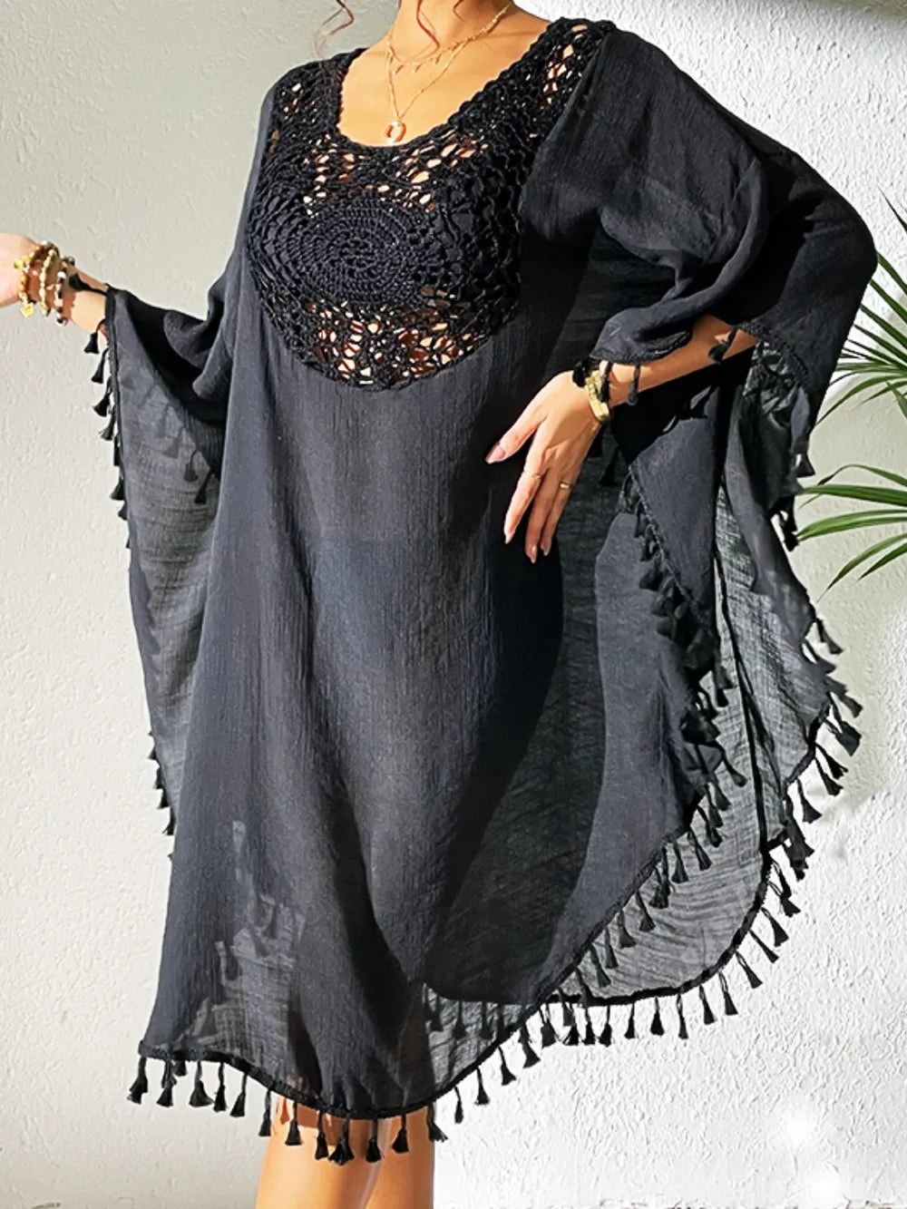 Tassel Cutout Scoop Neck Cover-Up Dress - Tigbul's Variety Fashion Shop