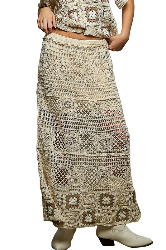 POL Floral Crochet Ruffled Waistband Maxi Skirt with Granny Square Weave | Tigbuls