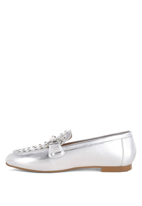 Estafa Horsebit & Studs Metallic Pleather Loafers - Tigbul's Variety Fashion Shop