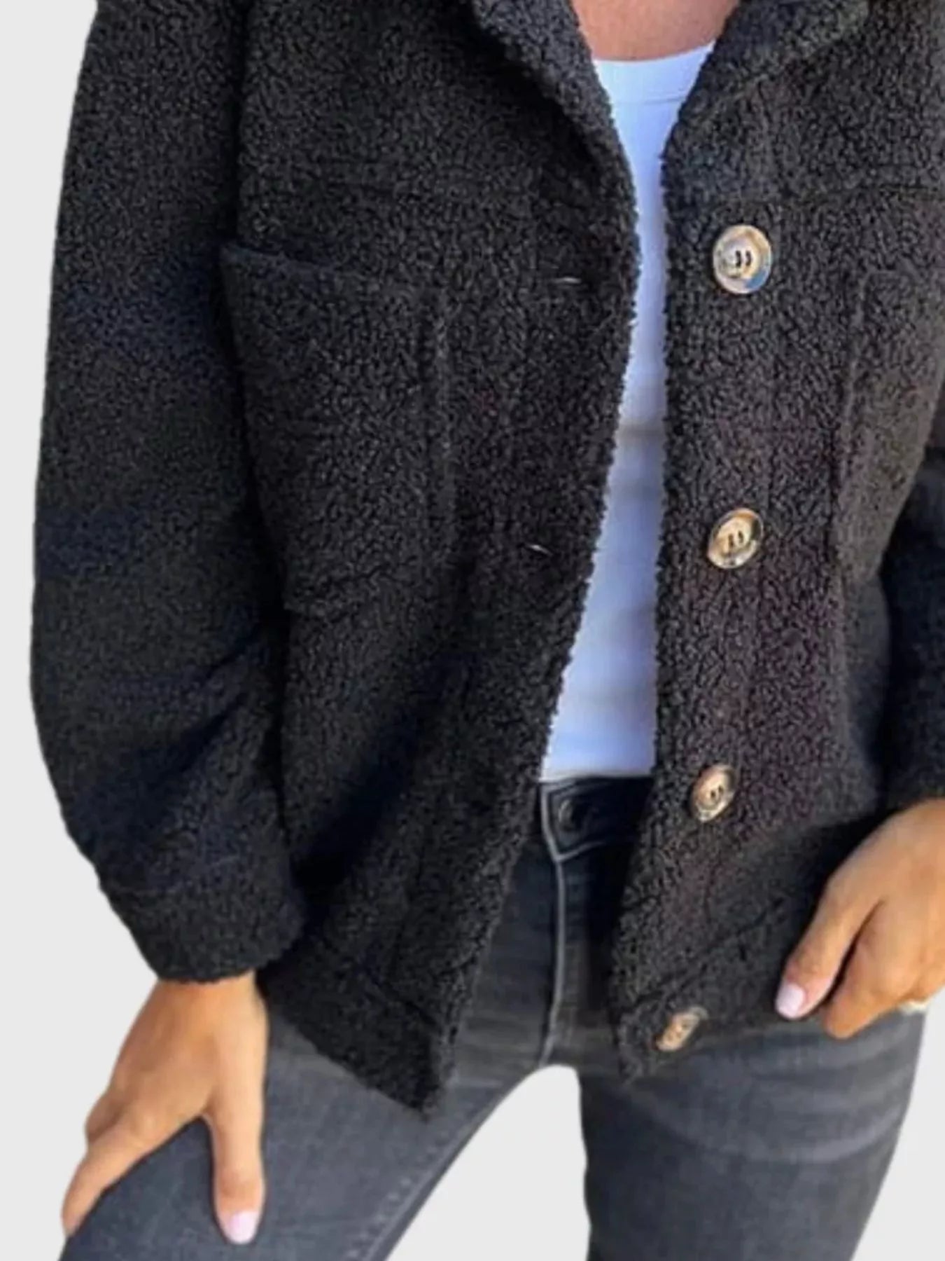 Full Size Single-Breasted Sherpa Shacket Plus Size - Tigbul's Variety Fashion Shop