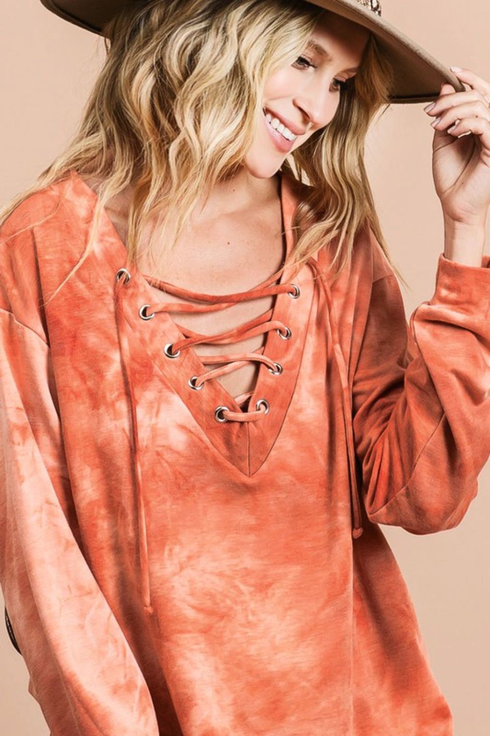 BiBi Lace-Up Tie-Dye French Terry Long Sleeve Top - Tigbul's Variety Fashion Shop