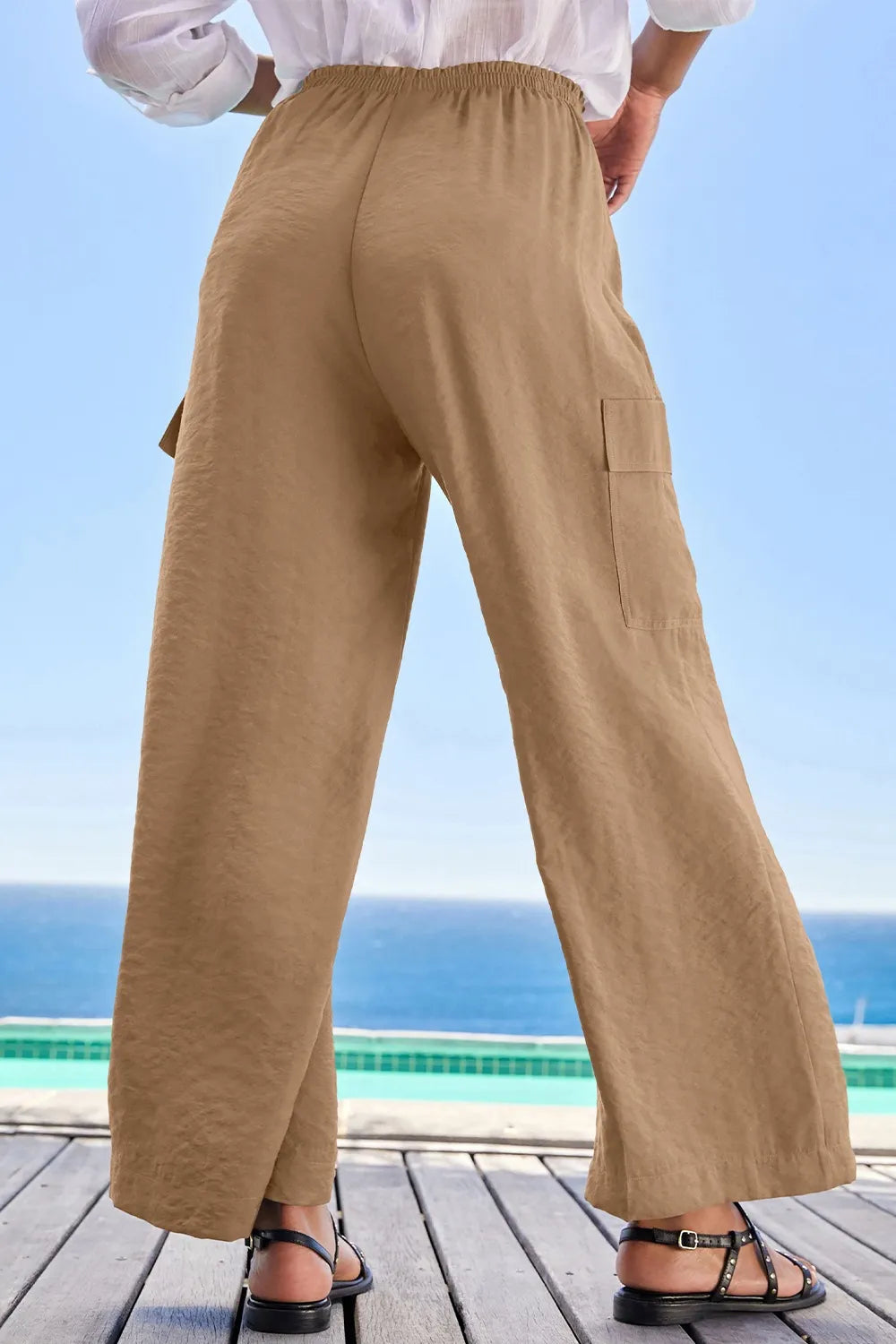 Drawstring Frilled Waist Wide Leg Utility Trousers - Tigbul's Variety Fashion Shop