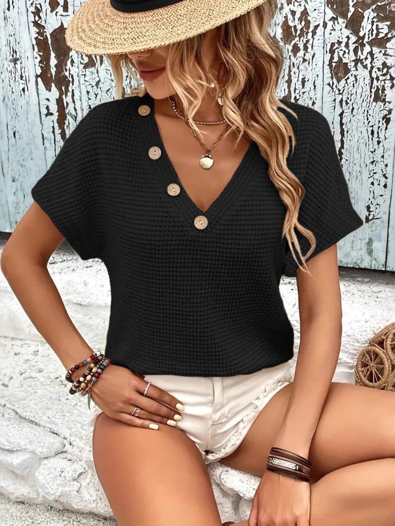 V-Neck Textured Knit T-Shirt - Tigbul's Variety Fashion Shop