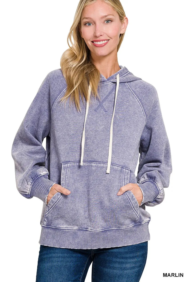 Zenana Acid Wash Fleece Hoodie with Kangaroo Pocket - Tigbul's Variety Fashion Shop