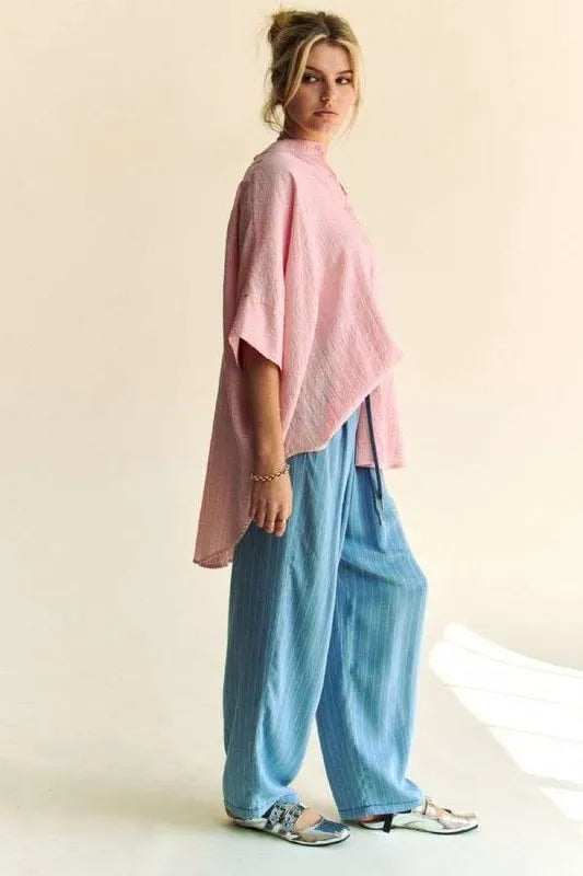 Pink Rhinestone Pleat Back Short Sleeve Loose Fit Shirt - Tigbul's Variety Fashion Shop