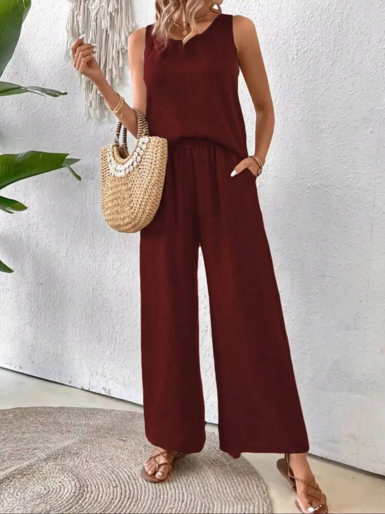 Round Neck Tank and Wide Leg Pants Set - Tigbul's Variety Fashion Shop