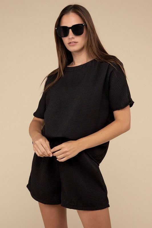 Waffle Round Neck Top and Short Set - Tigbul's Variety Fashion Shop