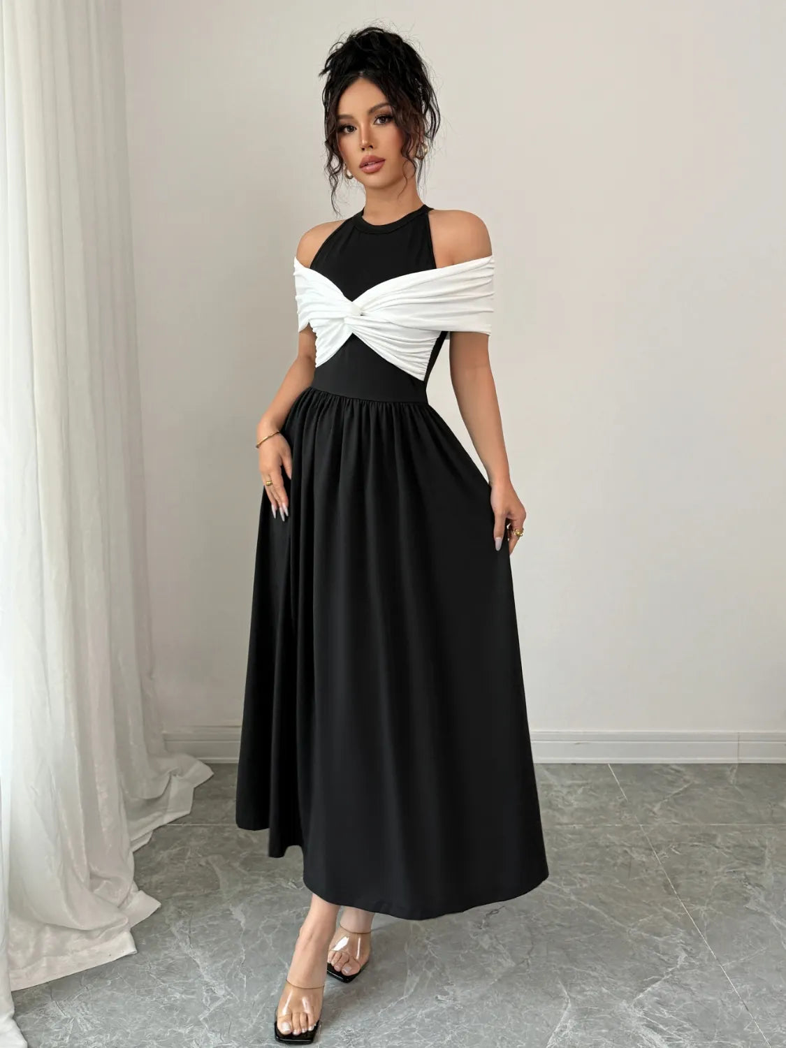 Twisted Contrast Cold Shoulder Midi Dress - Tigbul's Variety Fashion Shop